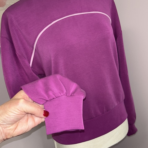 Sincerely Jules Small women’s long sleeve sweatshirt. Fuchsia w/ pink stripe - Picture 6 of 7
